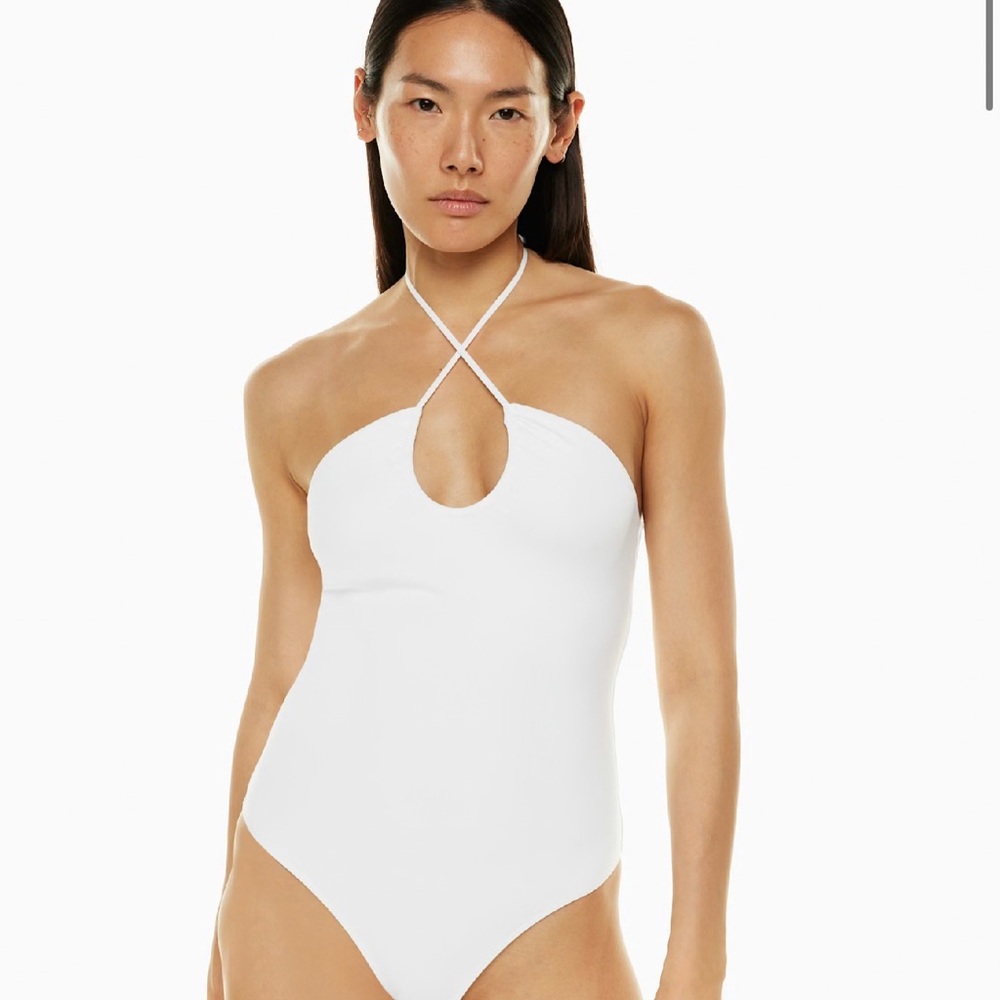 Babaton Contour Crisscross White Halter Bodysuit One Piece